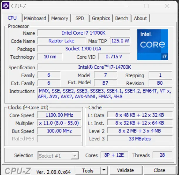 Intel Core i7-14700K CPU-Z Screenshot