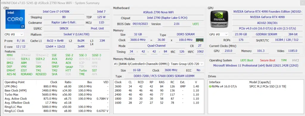 Intel Core i7-14700K HWiNFO64 Screenshot