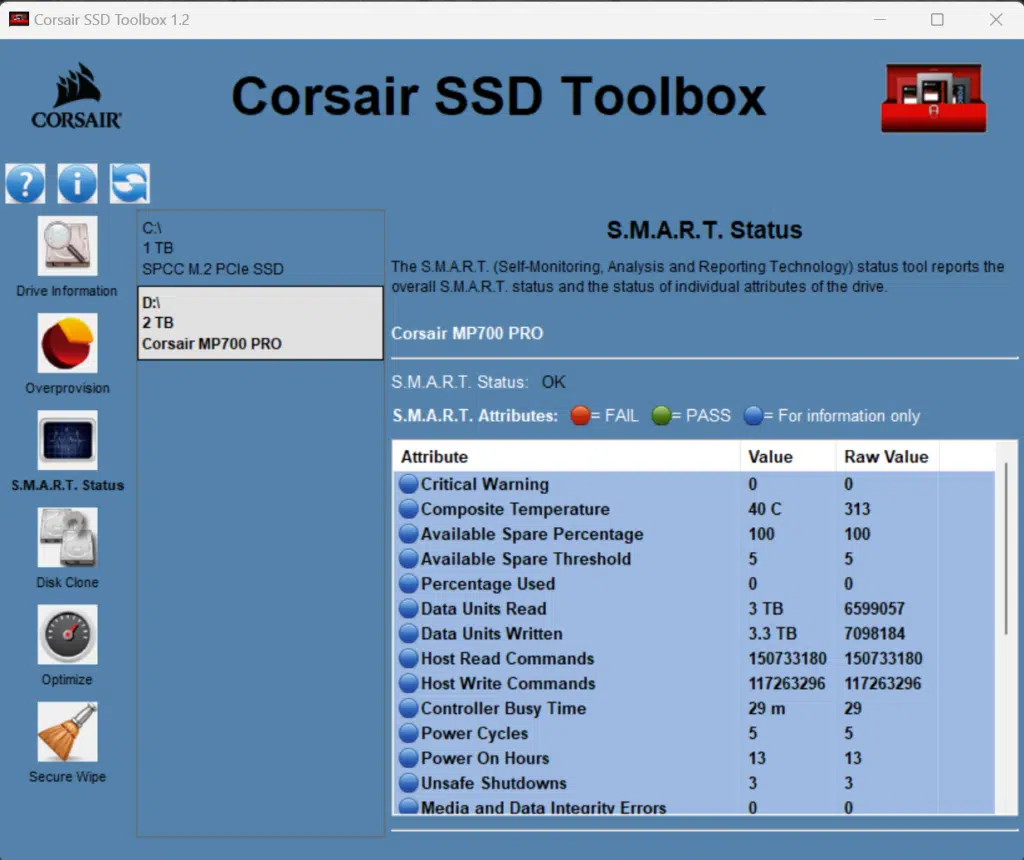 Corsair SSD Toolbox Screenshot