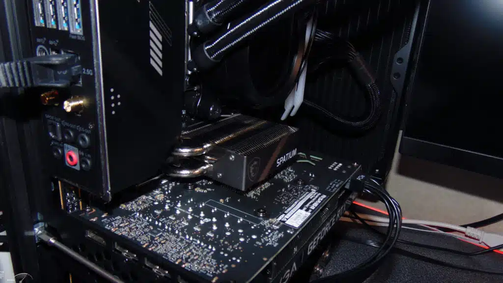 MSI SPATIUM M570 PRO FROZR 2TB PCIe Gen5 M.2 NVMe SSD Installed in Computer Top Down Photo