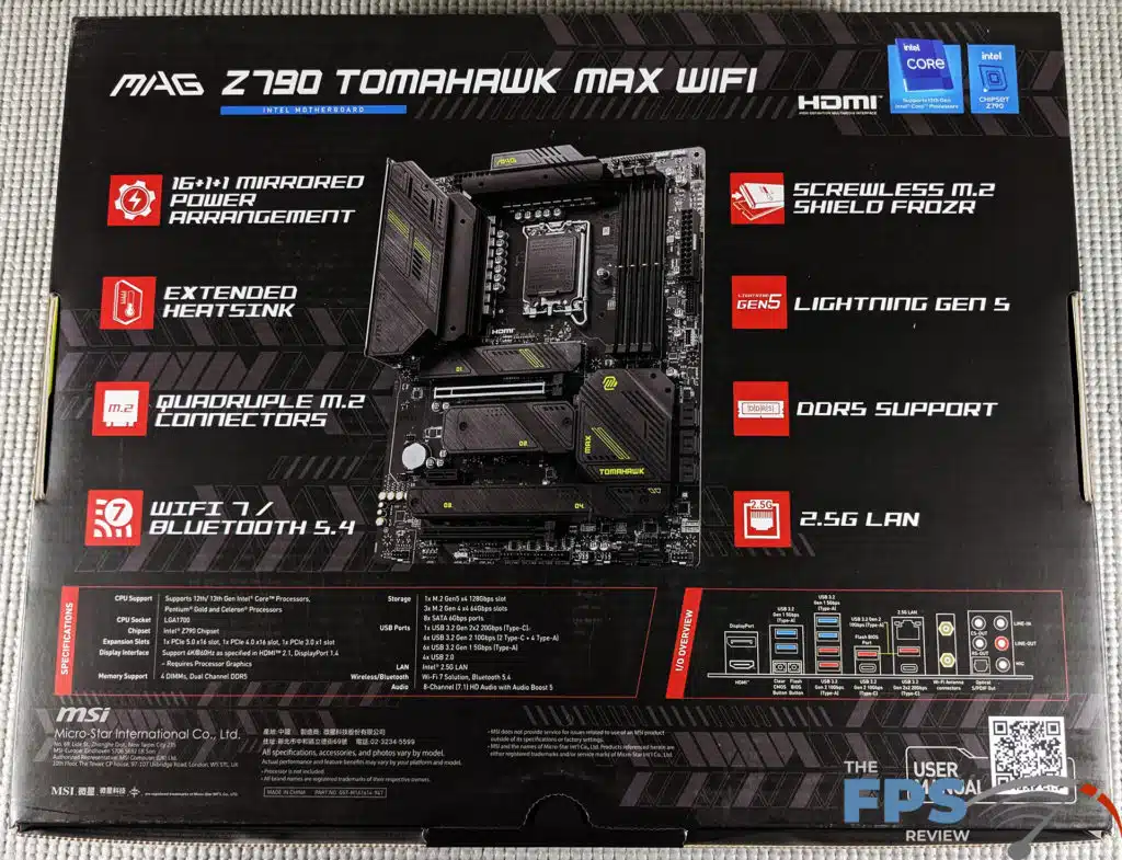 MSI MAG Z790 TOMAHAWK MAX WiFi motherboard box back.