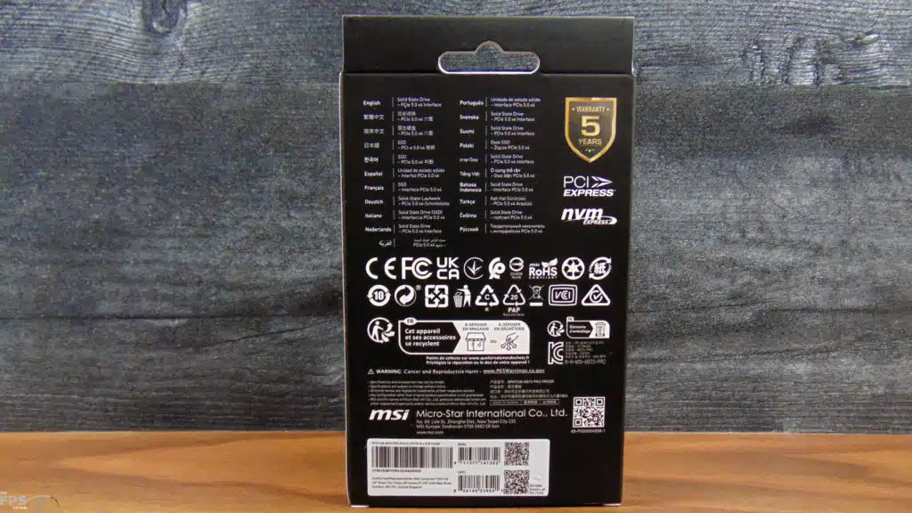 MSI SPATIUM M570 PRO FROZR 2TB PCIe Gen5 M.2 NVMe SSD Box Back
