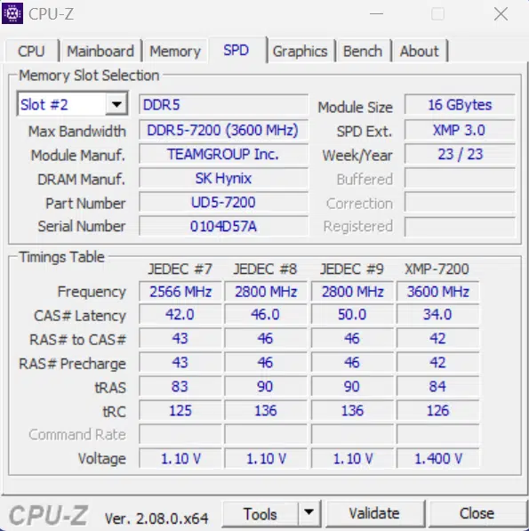 T-FORCE DELTA RGB DDR5 32GB (2x16GB) 7200MHz memory CPUZ SPD tab
