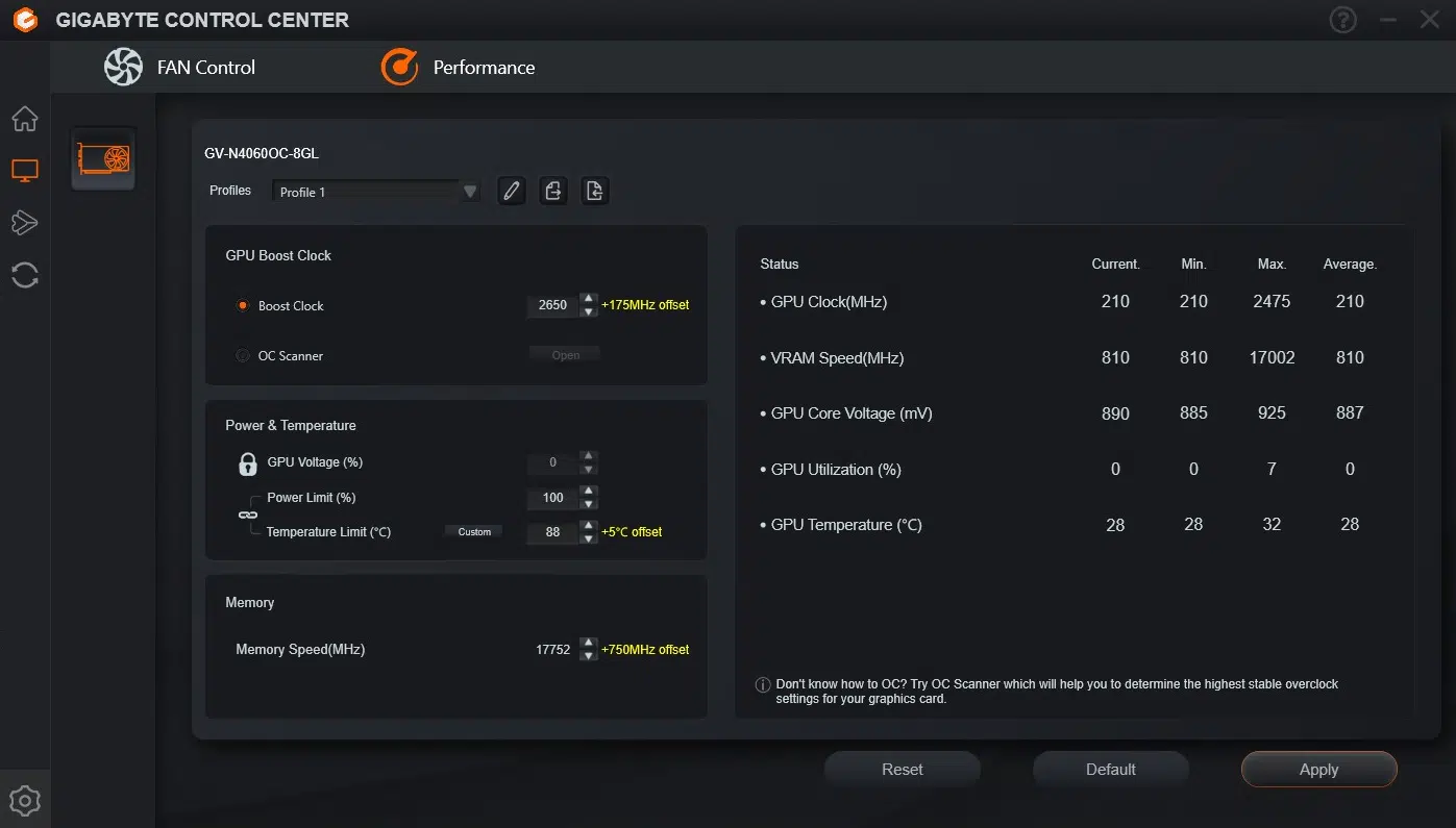 GIGABYTE GeForce RTX 4060 OC Low Profile Gigabyte Control Center settings at OC
