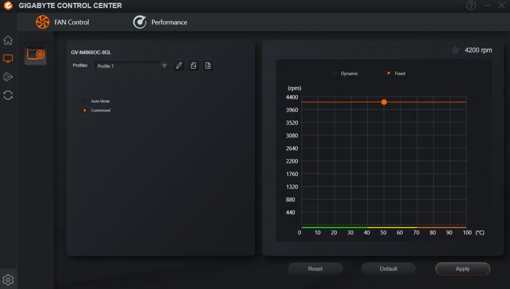 GIGABYTE GeForce RTX 4060 OC Low Profile Gigabyte Control Center fan settings at OC