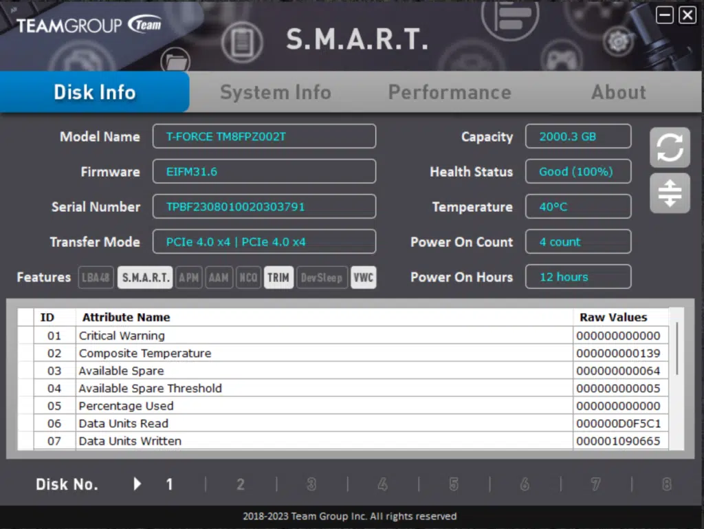 TEAMGROUP T-FORCE CARDEA A440 PRO 2TB PCIe Gen4 M.2 NVMe SSD SSD S.M.A.R.T. TOOL