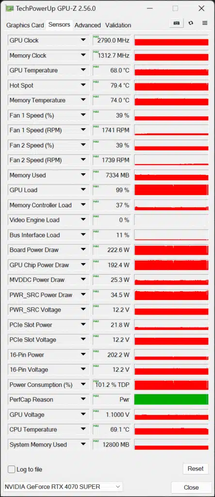 NVIDIA GeForce RTX 4070 SUPER Founders Edition GPU-Z Sensors Screenshot