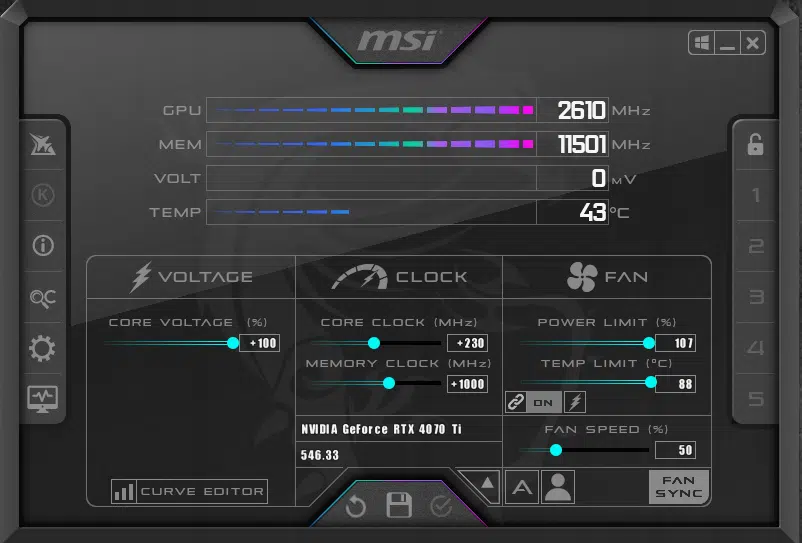 MSI GeForce RTX 4070 Ti GAMING SLIM 12G Highest Overclock with Voltage MSI Afterburner Screenshot