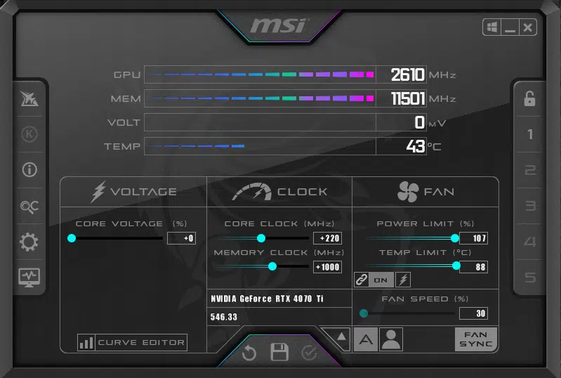 MSI GeForce RTX 4070 Ti GAMING SLIM 12G Highest Overclock with No Voltage MSI Afterburner Screenshot