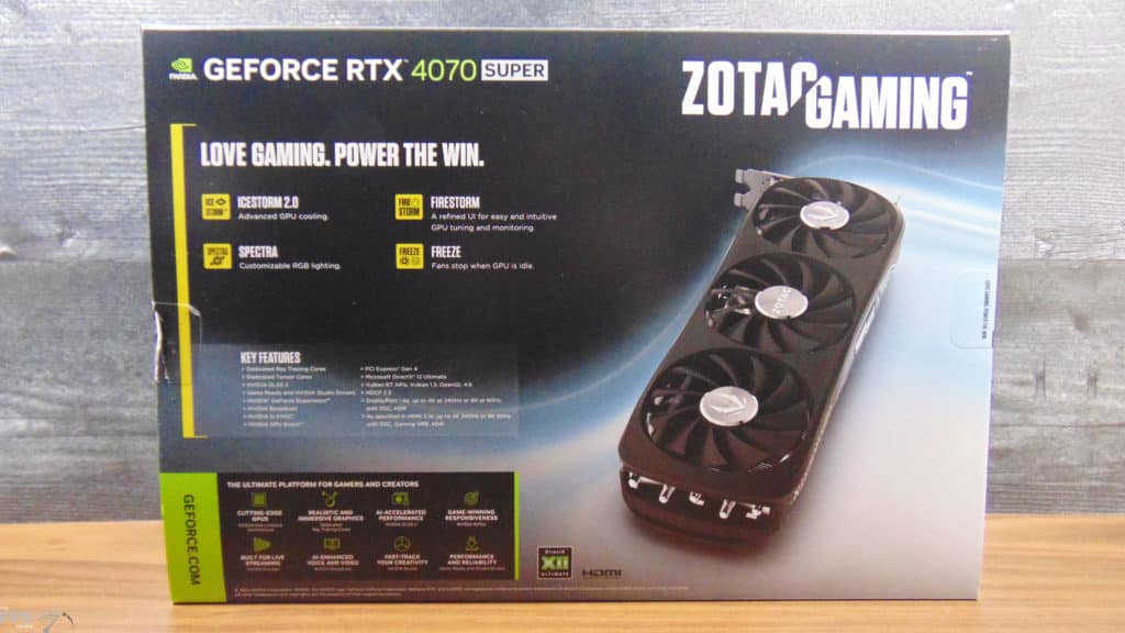 ZOTAC GAMING GeForce RTX 4070 SUPER Trinity Black Edition Video Card Box Back