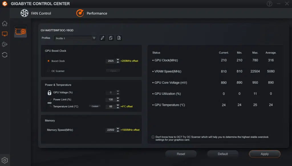 GIGABYTE GeForce RTX 4070 Ti SUPER WINDFORCE OC 16GB: GIGABYTE Control Center final settings