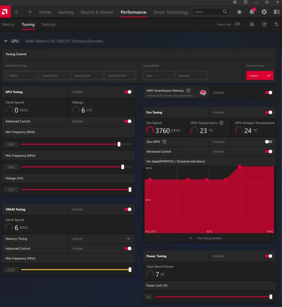 GIGABYTE Radeon RX 7600 XT Gaming OC: Adrenalin software OC settings