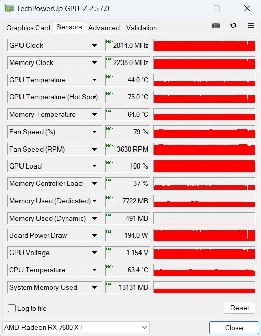 GIGABYTE Radeon RX 7600 XT Gaming OC: sensor at default