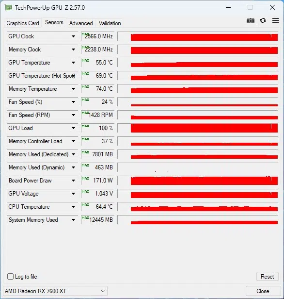 ASRock Radeon RX 7600 XT Steel Legend 16GB GPUZ sensor data