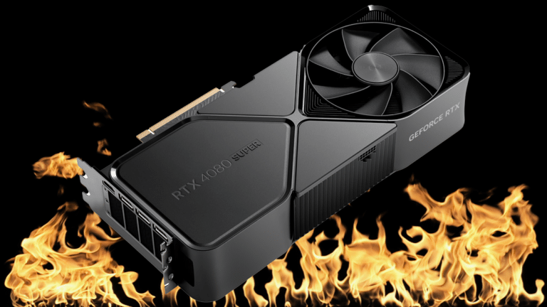 NVIDIA GeForce RTX 4080 SUPER Founders Edition Video Card with Fire Behind It