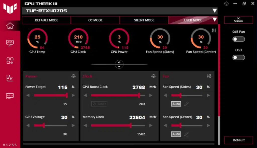 ASUS TUF Gaming GeForce RTX 4070 SUPER OC Edition: GPU Tweak final settings