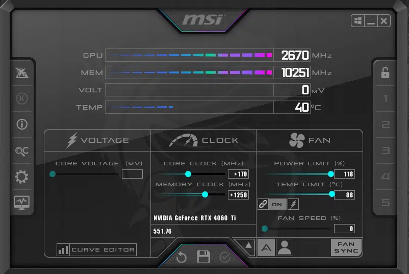 MSI GeForce RTX 4060 Ti GAMING X SLIM WHITE 16G Review MSI Afterburner Overclock Screenshot
