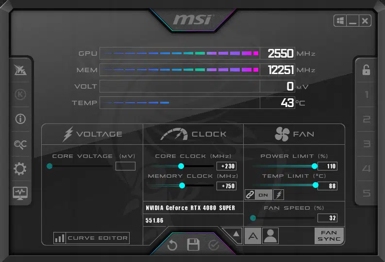 NVIDIA GeForce RTX 4080 SUPER Founders Edition MSI Afterburner Overclocking Screenshot
