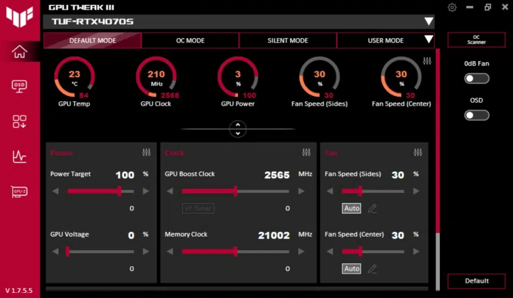 ASUS TUF Gaming GeForce RTX 4070 SUPER OC Edition:  OC default
