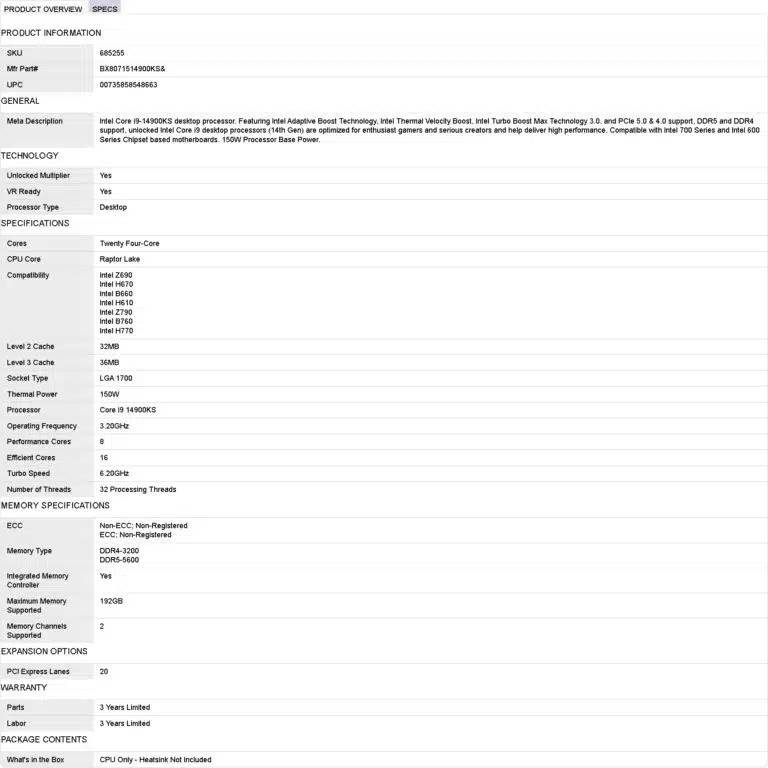14th Gen Intel Core i914900KS with 6.2 GHz Boost Clock Is Priced at 749 Micro Center