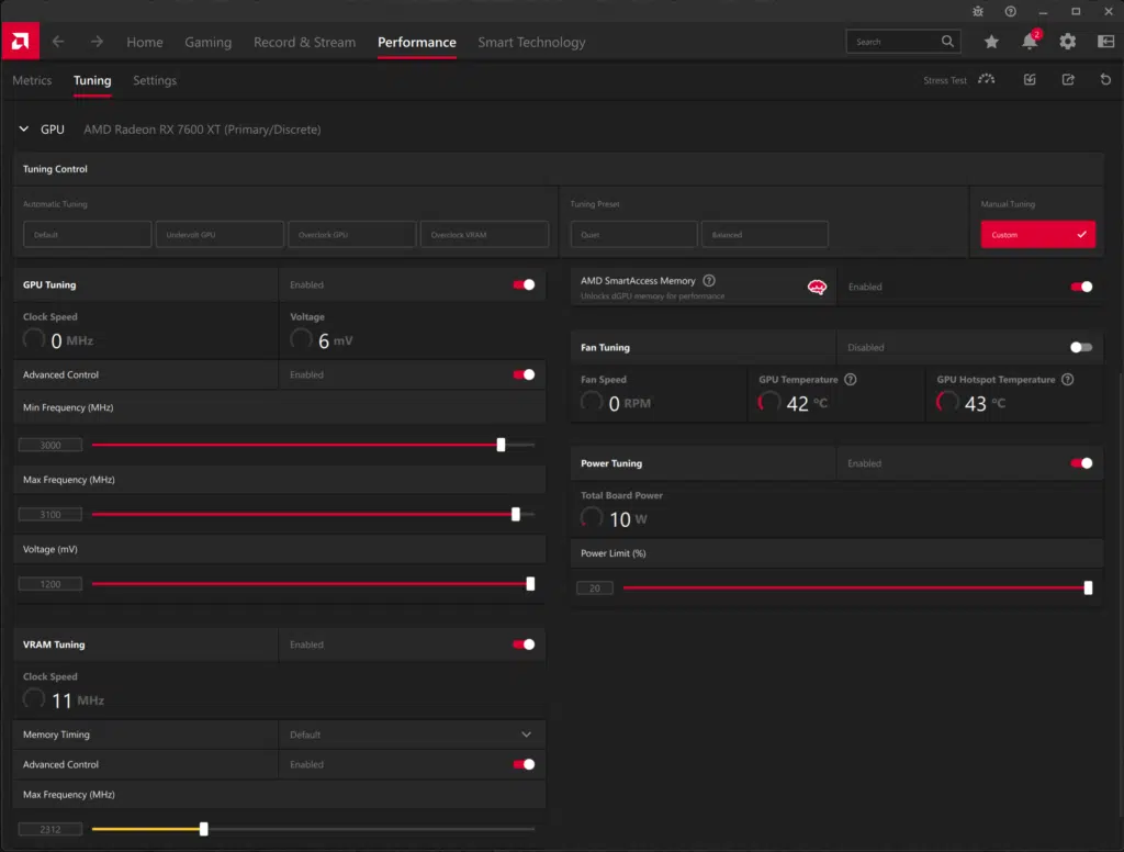 SAPPHIRE PULSE Radeon RX 7600 XT 16GB AMD Radeon Software Overclock Tuning Screenshot