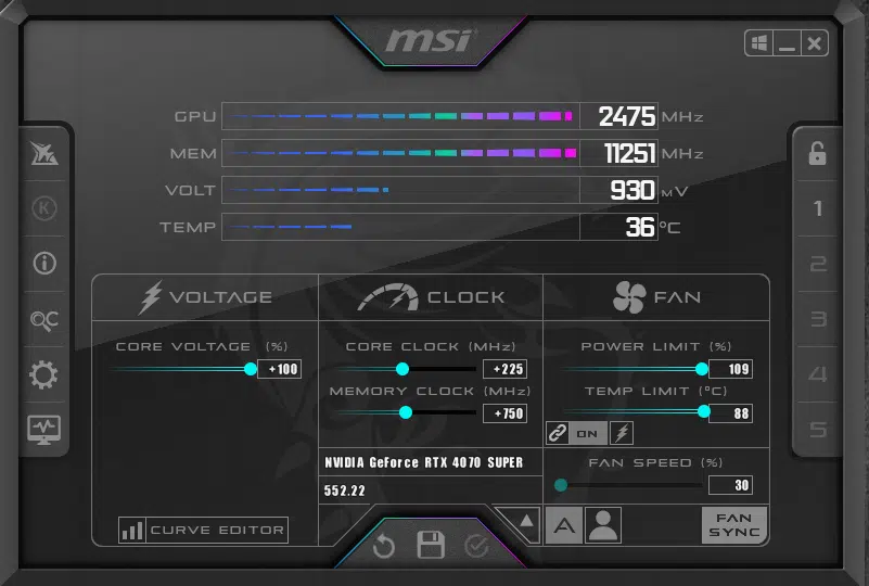 MSI Afterburner Screenshot Overclocking GeForce RTX 4070 SUPER Founders Edition
