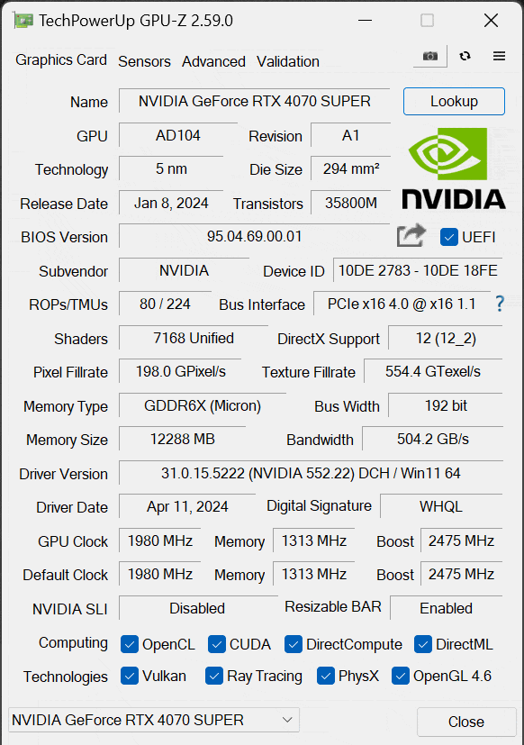 Default GPU-Z Screenshot for Overclocked GeForce RTX 4070 SUPER Founders Edition
