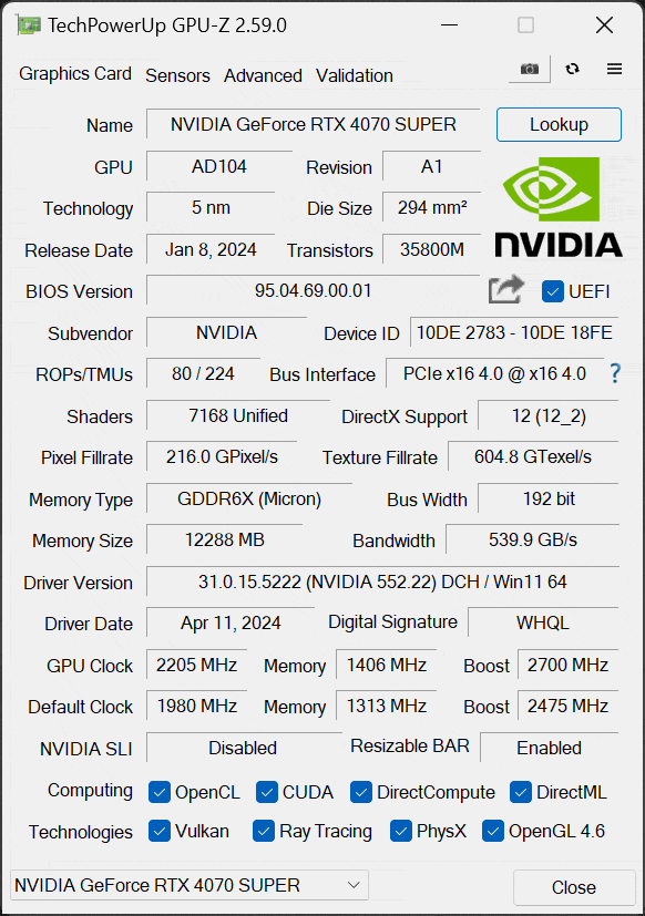 Overclocked GPU-Z Screenshot for Overclocked GeForce RTX 4070 SUPER Founders Edition