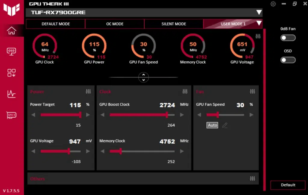 ASUS TUF Gaming Radeon RX 7900 GRE OC Edition: final OC settings