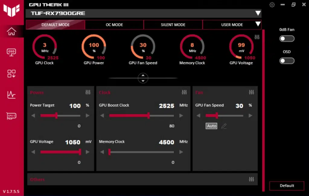 ASUS TUF Gaming Radeon RX 7900 GRE OC Edition: GPU Tweak, default