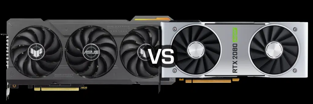 ASUS TUF Gaming GeForce RTX 4070 Ti SUPER Video Card on Left and NVIDIA GeForce RTX 2080 SUPER Video Card On Right with White Text