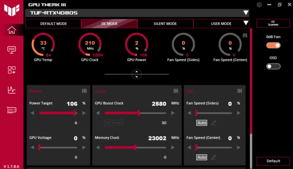 ASUS GPU Tweak III OC Mode Screenshot
