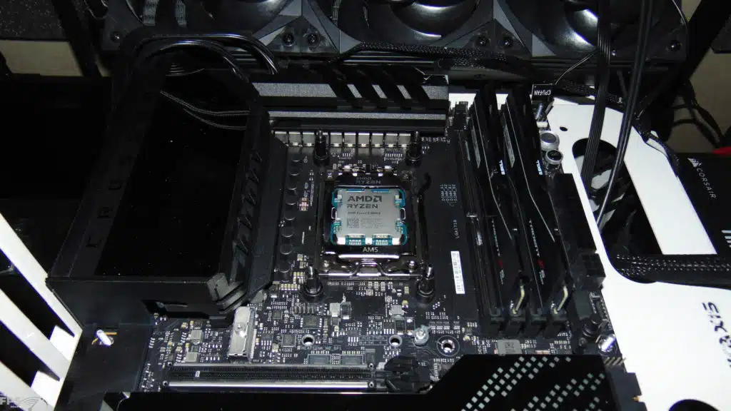 AMD Ryzen 5 9600X Angled Down Zoomed In CPU Installed in Computer
