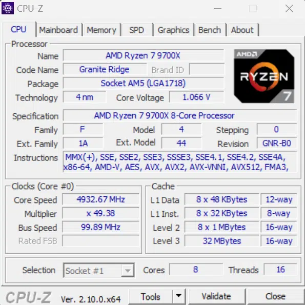 AMD Ryzen 7 9700X CPU-Z CPU Tab Screenshot