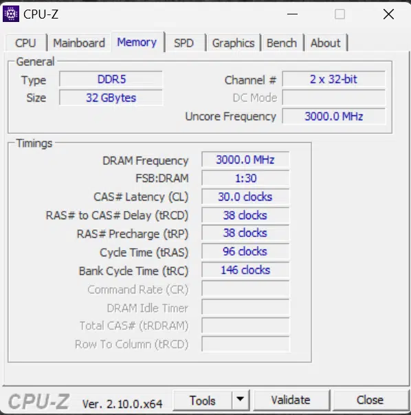 AMD Ryzen 7 9700X CPU-Z Memory Tab Screenshot
