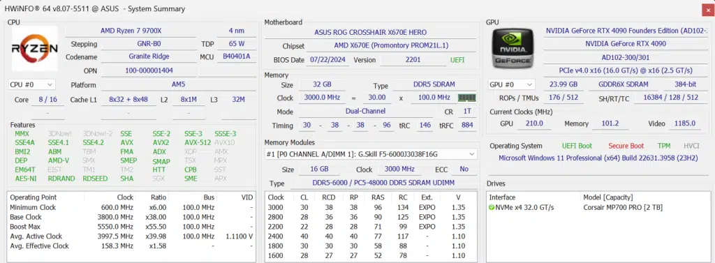 AMD Ryzen 7 9700X HWiNFO64 Summary Screenshot