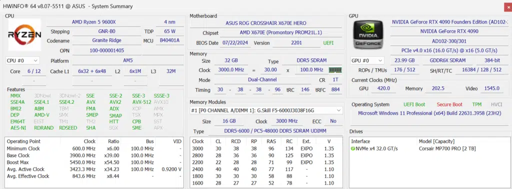 AMD Ryzen 5 9600X HWiNFO64 Summary Screenshot