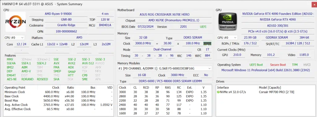 AMD Ryzen 9 9900X HWiNFO64 Summary Screenshot