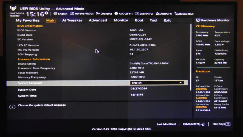 ASUS TUF GAMING Z790 PRO-WIFI BIOS 1663 Screenshot