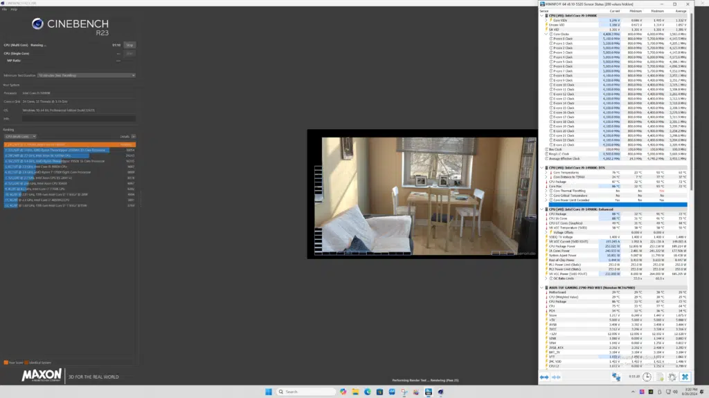 Intel Core i9-14900K Extreme Profile - Microcode Fix 0x129 Cinebench R23 and HWiNFO64 Screenshot