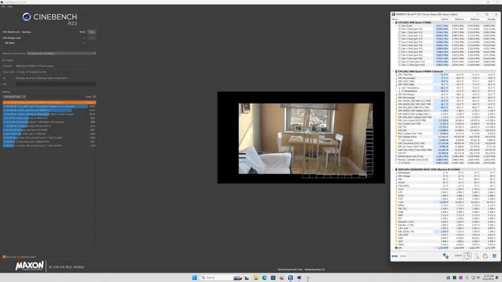 AMD Ryzen 9 9900X Cinebench R23 and HWiNFO64 All-Core Full-Load Screenshot