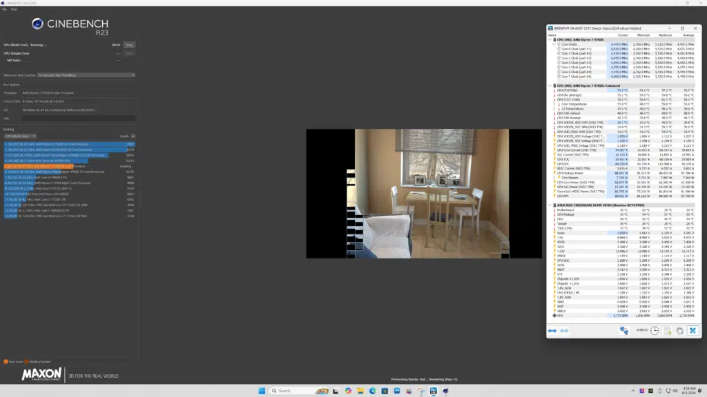 AMD Ryzen 7 9700X Cinebench R23 and HWiNFO64 Power and Temp Screenshot