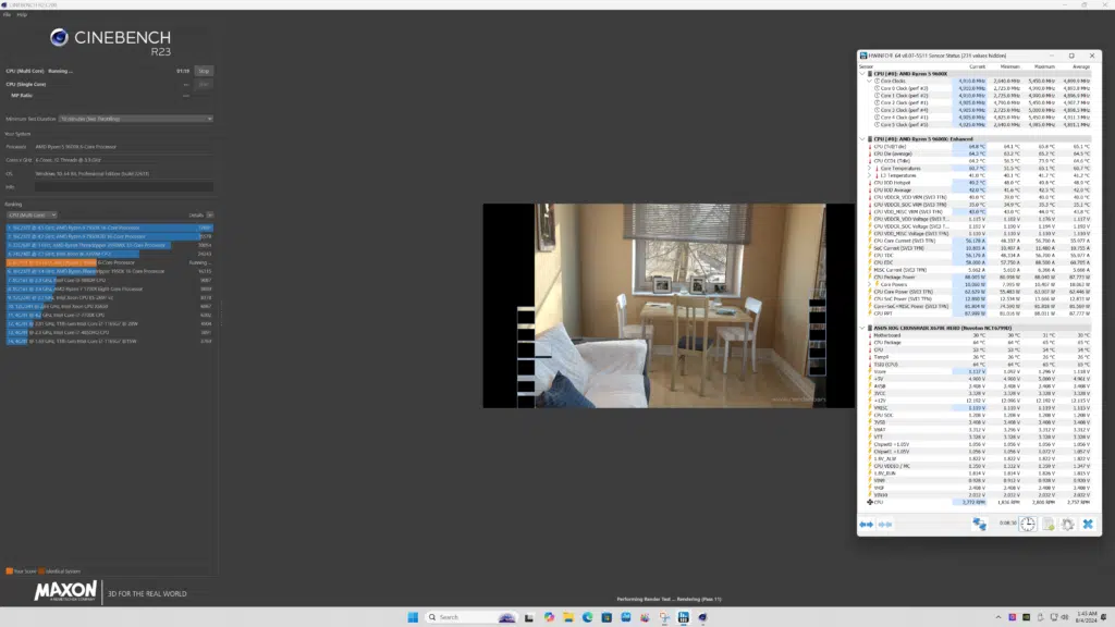 AMD Ryzen 5 9600X Cinebench R23 and HWiNFO64 Power and Temp Screenshot