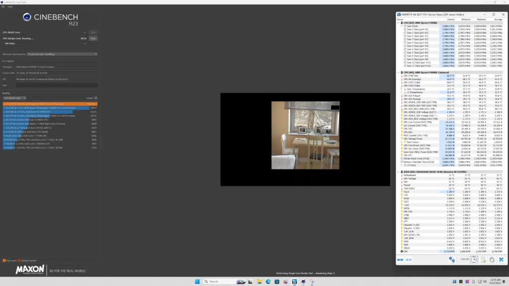 AMD Ryzen 9 9900X Cinebench R23 and HWiNFO64 Single-Core Full-Load Screenshot