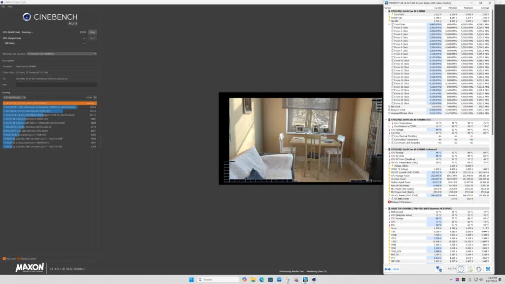 Intel Core i9-14900K Performance Profile - Microcode Fix 0x129 Cinebench R23 and HWiNFO64 Screenshot