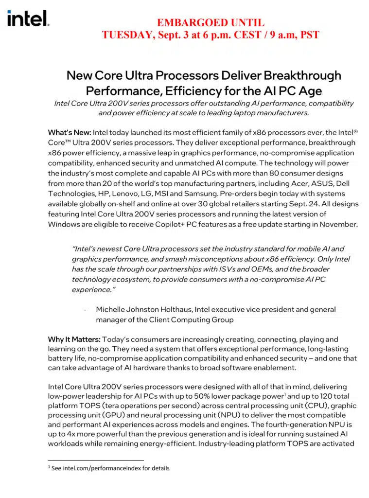 Intel Core Ultra 200V Series Processors Series 2 Press Release