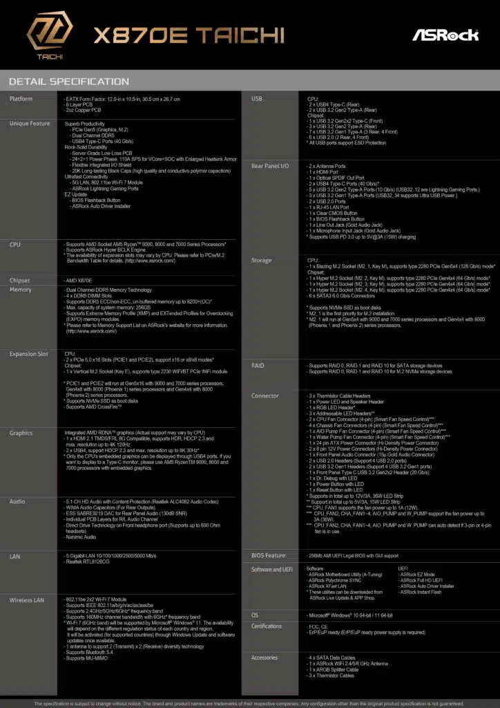 ASRock X870E Taichi Motherboard Specifications