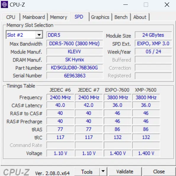 KLEVV CRAS V RGB DDR5 48GB (2x24GB) 7600MHz Memory overclocked CPUz SPD tab