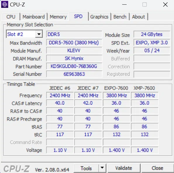 KLEVV CRAS V RGB DDR5 48GB (2x24GB) 7600MHz Memory CPUz SPD tab