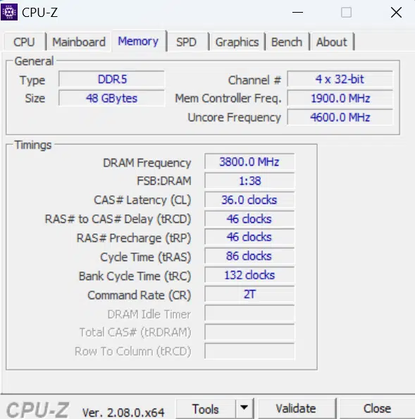 KLEVV CRAS V RGB DDR5 48GB (2x24GB) 7600MHz Memory CPUz memory tab